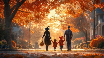 Autumnal Stroll Family silhouetted against golden leaves witchs broom trailing behind low perspective focus on fallen leaves