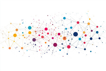 White background, flat illustration of network with colorful dots connecting lines, simple minimalistic style, white background, no shadows on the edges