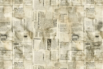 A seamless pattern with vintage newspaper texture, the background is filled with faded and distressed images of old newspapers, their text in various sizes and fonts