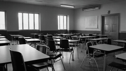 This is a classroom with many tables and chairs