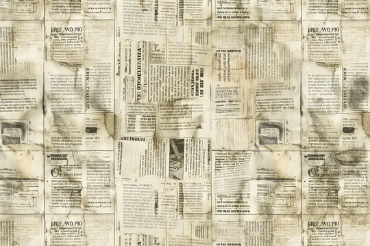 A seamless pattern with vintage newspaper texture, the background is filled with faded and distressed images of old newspapers, their text in various sizes and fonts
