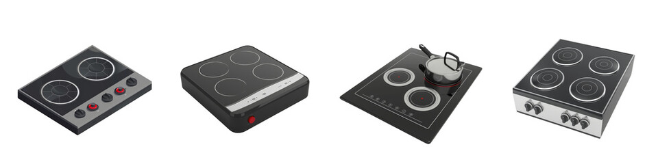 Fototapeta premium A collection of modern cooktops showcasing various designs and features for contemporary kitchens.