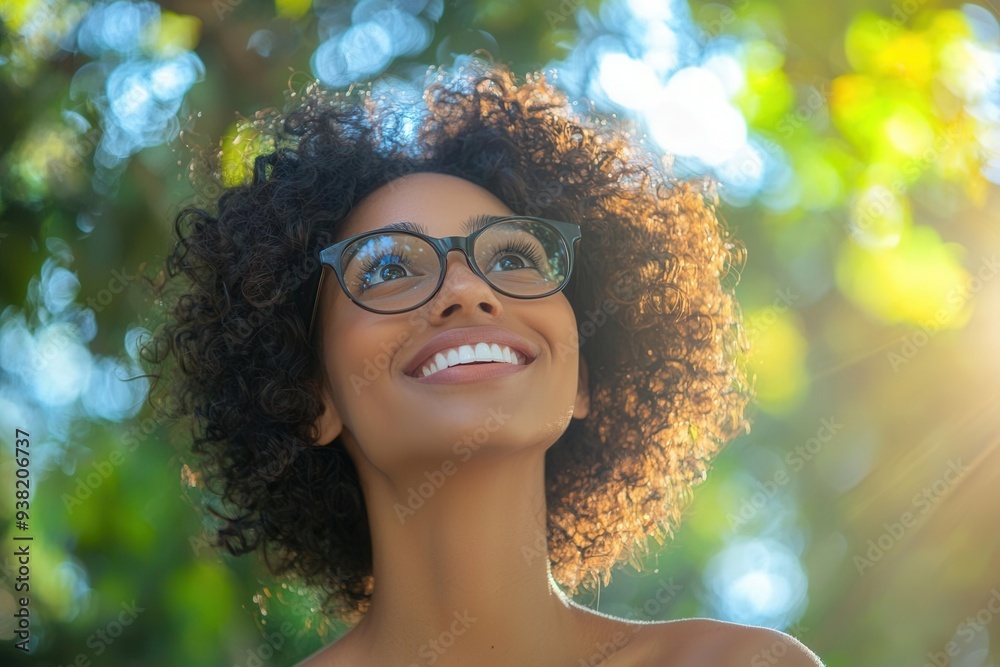 Wall mural a teenage girl with curly hair and glasses looked up with a bright smile