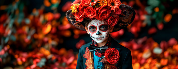 Young boy dressed as La Catrina. Day of the dead, dia de los muertos. 