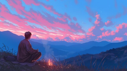Fototapeta premium A contemplative young male gazes at a vibrant sunset over mountain peaks.