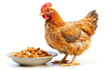 Fototapeta premium A curious brown chicken stands in front of a plate of chicken feed. It symbolizes hunger, appetite, farm animals, agriculture and the need to eat.
