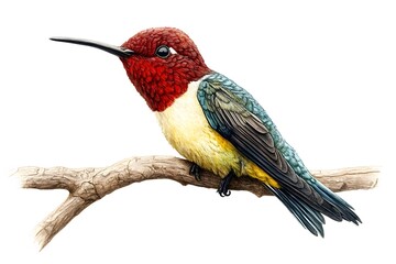 Bee Hummingbird Perched on a Branch, on a White Background, Realistic Photo, Standard Background, Wallpaper, Cover and Screen of Smartphone, Cell Phone, Computer, Laptop, 9:16 and 16:9 Format