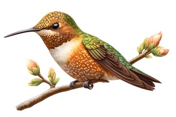 Fototapeta premium Bee Hummingbird Perched on a Branch, on a White Background, Realistic Photo, Standard Background, Wallpaper, Cover and Screen of Smartphone, Cell Phone, Computer, Laptop, 9:16 and 16:9 Format