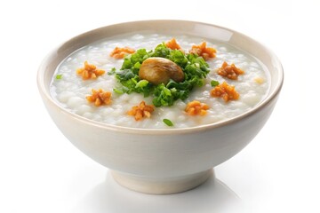 A bowl of congee, a popular Asian rice porridge, topped with dried scallops, scallions, and crispy fried shallots. This comforting dish is a staple in many cultures.