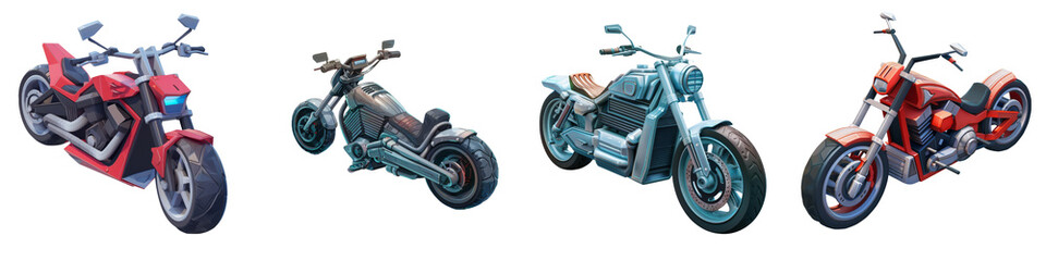 Obraz premium Collection of four stylish motorcycles showcasing modern designs and colors, perfect for automotive enthusiasts and marketing.