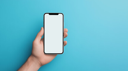 White iPhone Mockup Held by Caucasian Male Hand on Blue Background