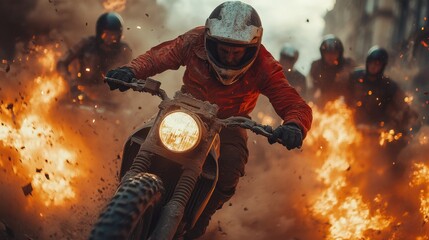Stunt performer executing dramatic motorcycle stunt amidst explosions on action-packed film set.