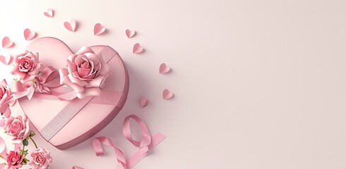 3d heart gift box with ribbon and roses on white background, pink color, banner for Valentine's Day, Valentine’s day concept, copy space for text, minimalistic design, detailed, high resolution, profe