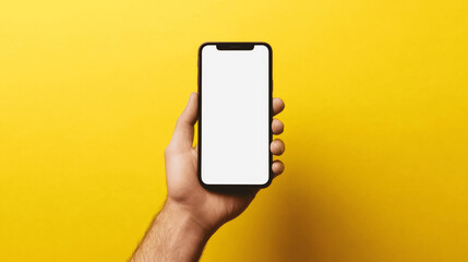 White iPhone Mockup Held by Caucasian Male Hand on Yellow Background 