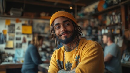 Black man tattoo artist smiling confidently in tattoo studio with diverse team working.