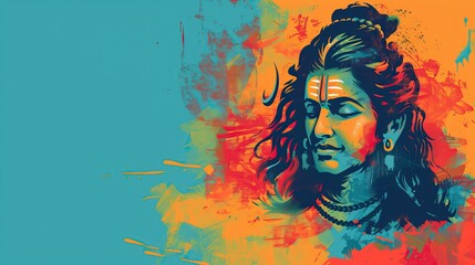 abstract digital colorful illustration of Hindu god Shiva indian deity copy space for text