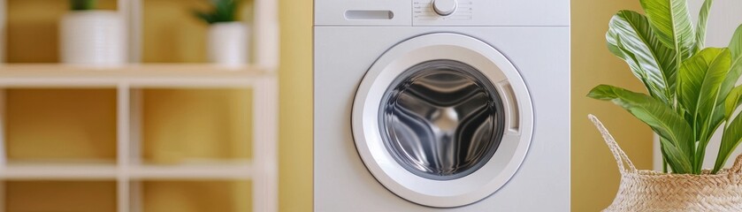 Modern washing machine in a stylish laundry room with potted plant and warm yellow walls for a bright, inviting atmosphere.