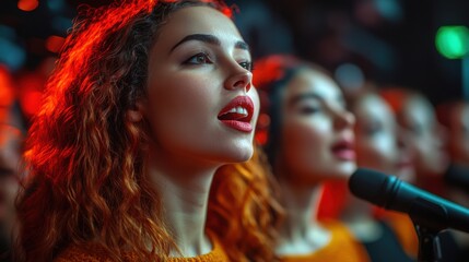 Woman voice coach giving singing lessons to diverse group in music studio, inspiring harmony and creativity