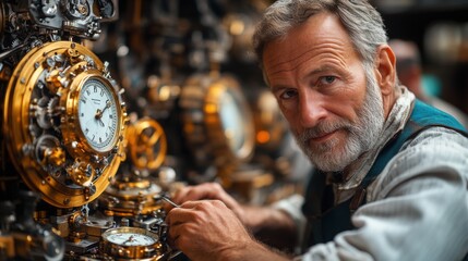 Elderly caucasian man repairing watches in a watch repair shop surrounded by intricate machinery