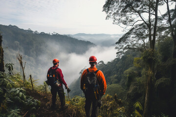 Obraz premium Two Hikers Admire Misty Mountain View