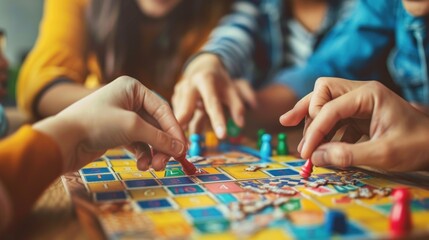 Obraz premium Close up of hands playing board game, friends enjoying fun indoors activity together. Concept of leisure, entertainment, friendship, and togetherness.