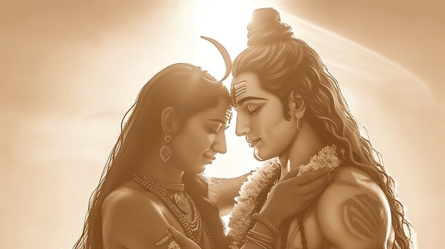 Shiva and Parvati Hindu deities with their foreheads touching in gesture of love and devotion
