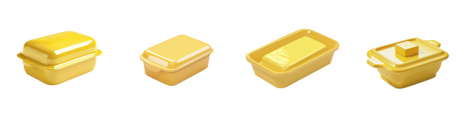 Four types of yellow butter in various shapes displayed on a white background, perfect for culinary and food photography.