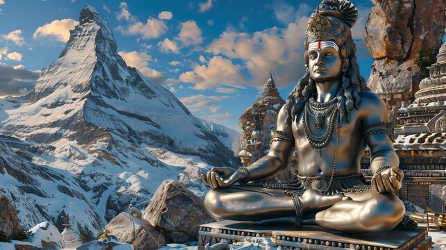 large statue of Shiva in meditative pose against snowy kailash parvat mountain backdrop
