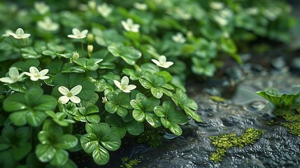 A serene scene of lush green plants with delicate white flowers beside a gentle stream.