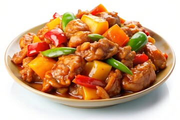 A savory and tangy dish featuring tender chicken, juicy pineapple chunks, sweet red bell peppers, and vibrant green peppers.