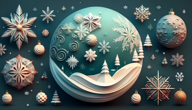 3D Christmas elements set with a snowy planet and snowflakes holiday event beauty art wallpaper