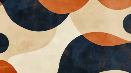 A mix of circular and amorphous shapes in beige, navy blue, and rust orange