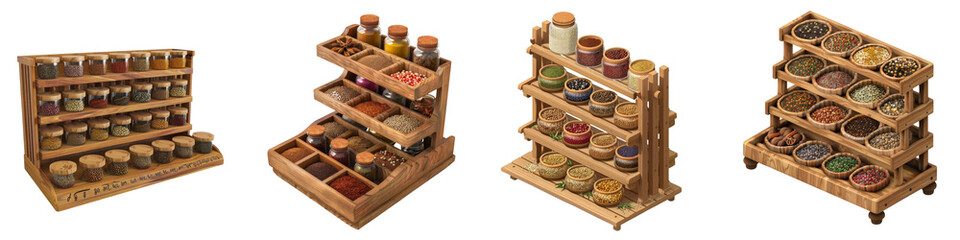 Stylish wooden spice racks filled with colorful jars and spices for a modern kitchen setting.