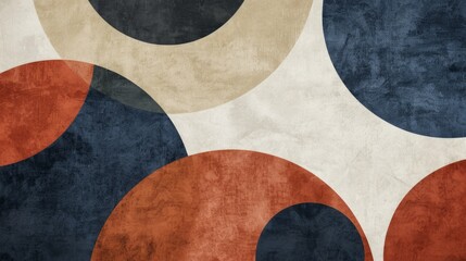A mix of circular and amorphous shapes in beige, navy blue, and rust orange