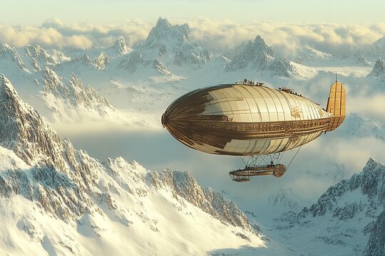 Steampunk airship flying over snowy mountains