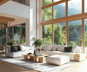 Naklejka premium Modern Living Room with Wooden Accents and Large Windows, 3D Rendering