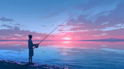 A serene male fisherman silhouetted at sunset, casting a line into the calm waters.