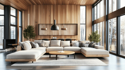 Fototapeta premium Modern Living Room with Wooden Accents and Large Windows, 3D Rendering