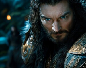 Intense CloseUp A Warriors Determined Gaze Through a Veil of Darkness Intricate Armor Glimmers in the Foreground