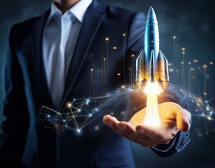 Launching into the Future A businessman ignites digital innovation, holding a holographic rocket poised for takeoff, symbolizing startup ventures, technological advancement, and the pursuit of ambiti