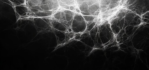 Fototapeta premium Intricate White Spiderweb on Black Background A Macro Perspective of Natures Delicate Trap