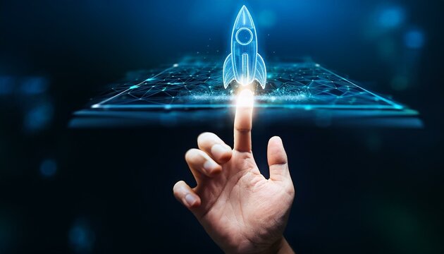 Launching into the Future A close-up on a hand activating a holographic rocket, symbolizing digital innovation and technological advancement in the business world. - Powered by Adobe