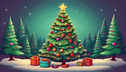 Classic Christmas Tree - A pixel art depiction of a traditional Christmas tree adorned with gift boxes and toys. Graphic art illustration. Winter New Year scene background. Ai Generative