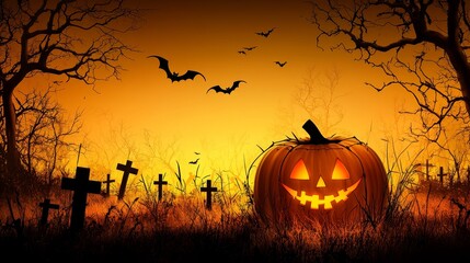 Spooky JackoLantern Glows in Graveyard Silhouetted Trees Bats Fly in Orange Sunset