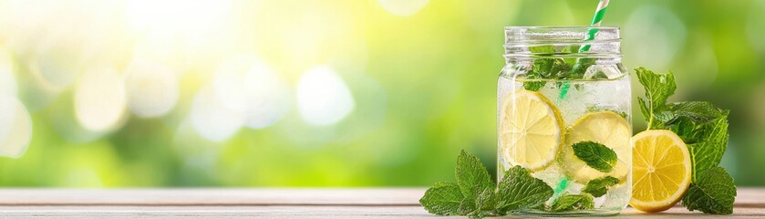 Refreshing lemonade with mint leaves and lemon slices in a jar, perfect for summer days and outdoor gatherings.