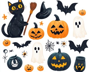 Whimsical Halloween Illustration A black cat with a broom pumpkins with carved faces bats and ghosts all on a white background