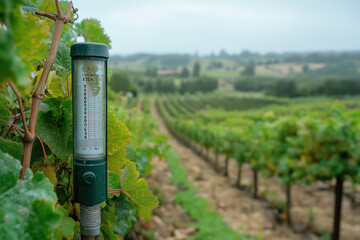 Meteorology With Rain Gauge Or Pluviometer In Garden After The Rain Against The Background Of The Vineyard