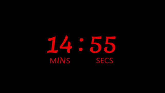 15 minute countdown red digital timer animation on black background 