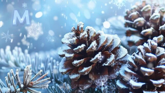 Christmas pine cone on snow with blurred lights in the background, ethereal and dreamy festive winter atmosphere. Web banner with copy space