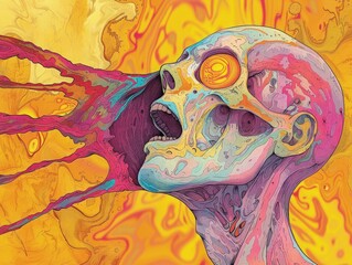 hand drawn monster illustration for full print t-shirt design, outline style, hyper maximalism, heavy composition.